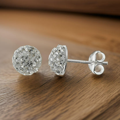 8MM Sparkling White/Clear Austrian Crystal Pave Half Dome Glitter/Disco Ball Stud Earrings/Ear Studs for Women Ladies Girls - 925 Sterling Silver
