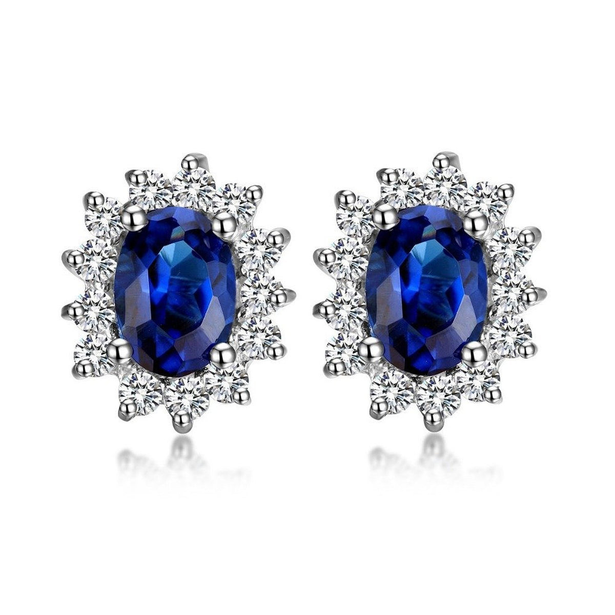 13MM Sapphire/White Cubic Zirconia (CZ) Oval Cluster Stud Earrings/Ear Studs for Women/Teenage/Girls - 925 Sterling Silver - Kate Middleton Style - 11mm W X 13mm H - Weight: 3.7 Grams
