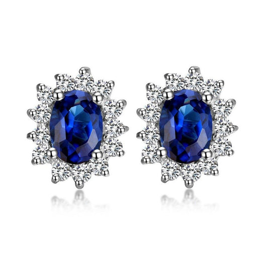 13MM Sapphire/White Cubic Zirconia (CZ) Oval Cluster Stud Earrings/Ear Studs for Women/Teenage/Girls - 925 Sterling Silver - Kate Middleton Style - 11mm W X 13mm H - Weight: 3.7 Grams