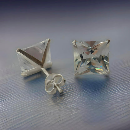 MENS Princess Cut/Square Simulated Diamond Cubic Zirconia (CZ) Sterling Silver Stud Earrings/Ear Studs - White/Clear - 5MM 8MM 10MM