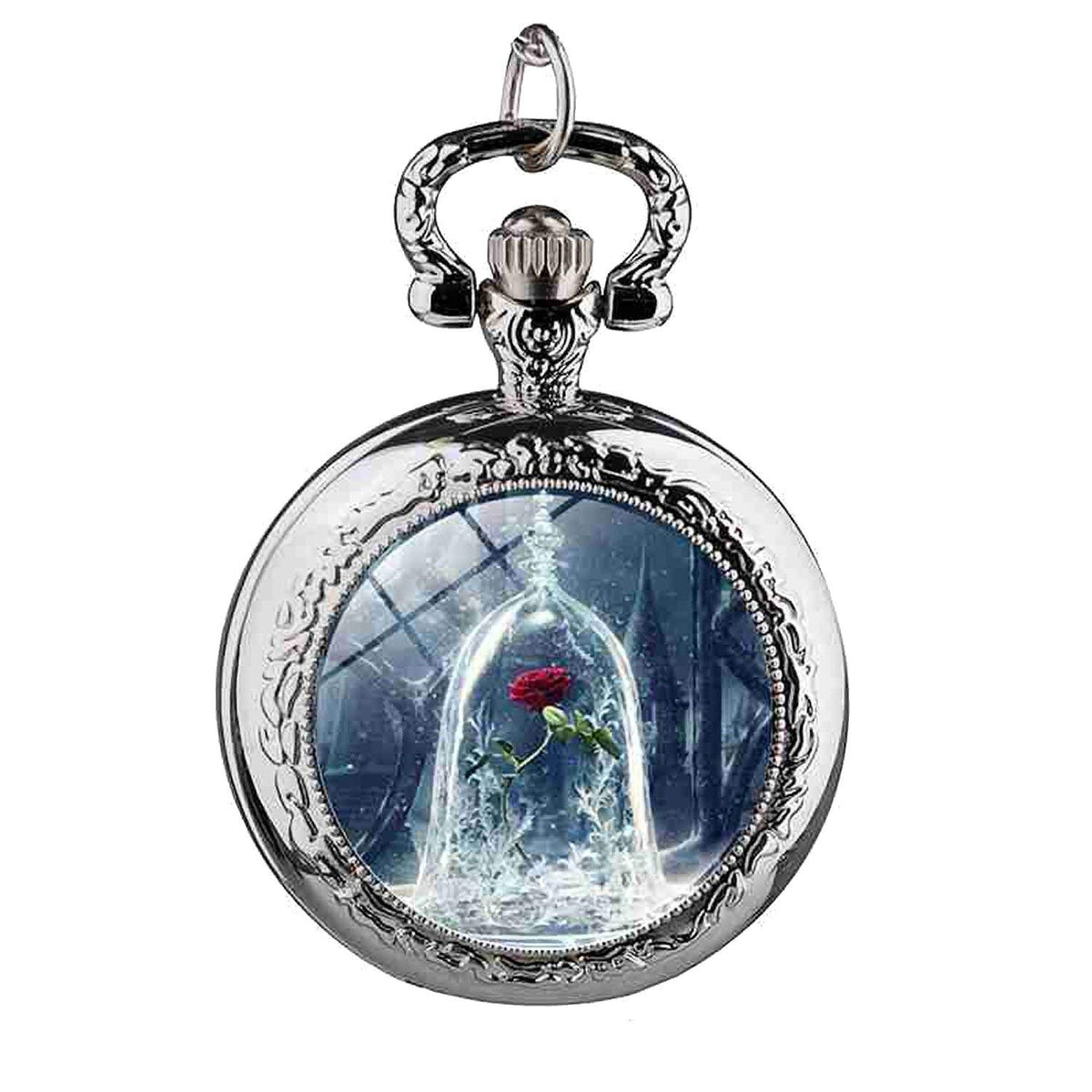 Beauty & The Beast Flower Rose Design Polished Silver Retro/Vintage Case Women's Quartz Pocket Watch Necklace - On 32" Inch / 80cm Chain