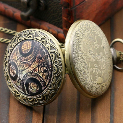 DR WHO Brown Gallifrey Timelord Seal Bronze Effect Retro/Vintage Case Full Hunter Mens/Boys Quartz Pocket Watch Necklace - On 32" Inch / 80cm Chain