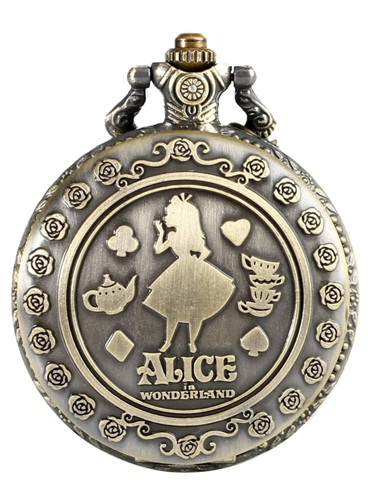 Alice in Wonderland Themed 3D Bronze Effect Women's Quartz Pocket Watch Necklace for Women 