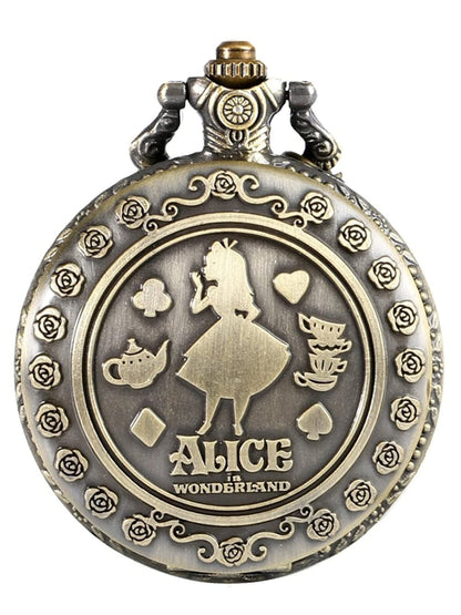 Alice in Wonderland Themed 3D Bronze Effect Women's Quartz Pocket Watch Necklace for Women 