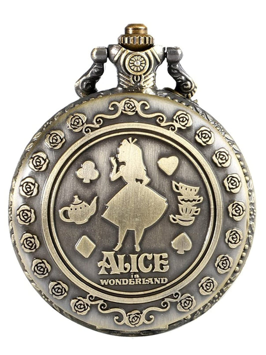 Alice in Wonderland Themed 3D Bronze Effect Women's Quartz Pocket Watch Necklace for Women ##alice-01