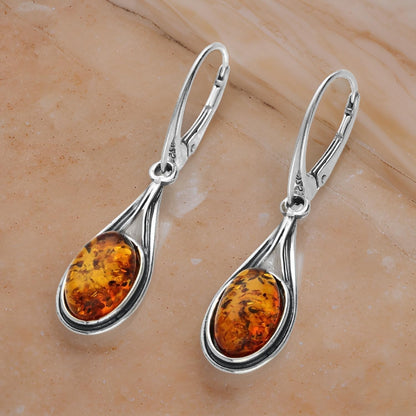 Teardrop Cabochon Cut Baltic Honey Amber Lever Back Sterling Silver Earrings for Women/Girls - Dangly/Dangle Drop Earrings - Amber Jewellery. 070403