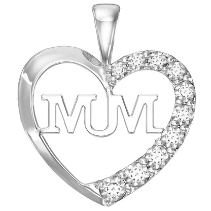 CZ "MUM" Heart Pendant with Cubic Zirconia for Necklace Chain - 925 Sterling Silver Mother 