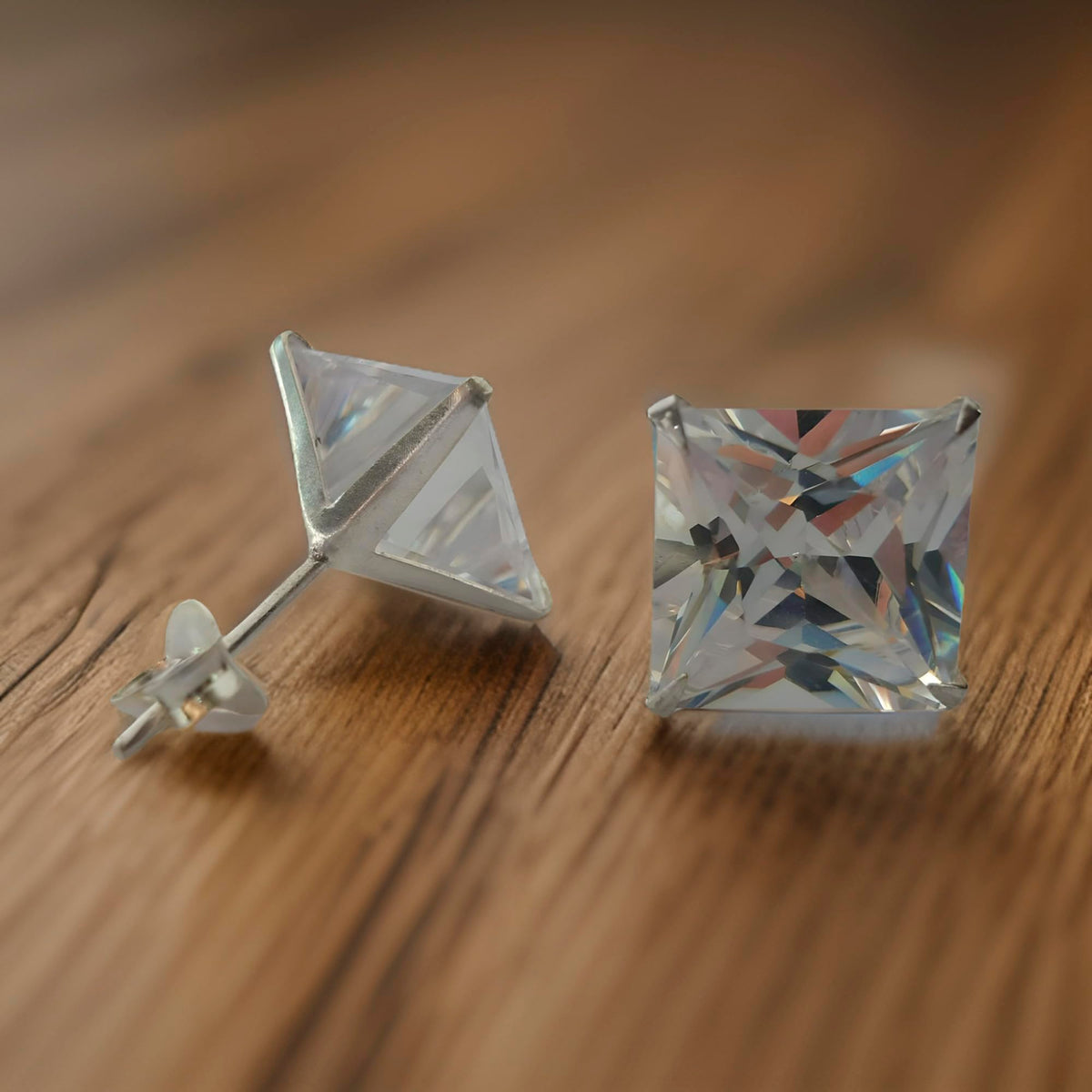 MENS Princess Cut/Square Simulated Diamond Cubic Zirconia (CZ) Sterling Silver Stud Earrings/Ear Studs - White/Clear - 5MM 8MM 10MM