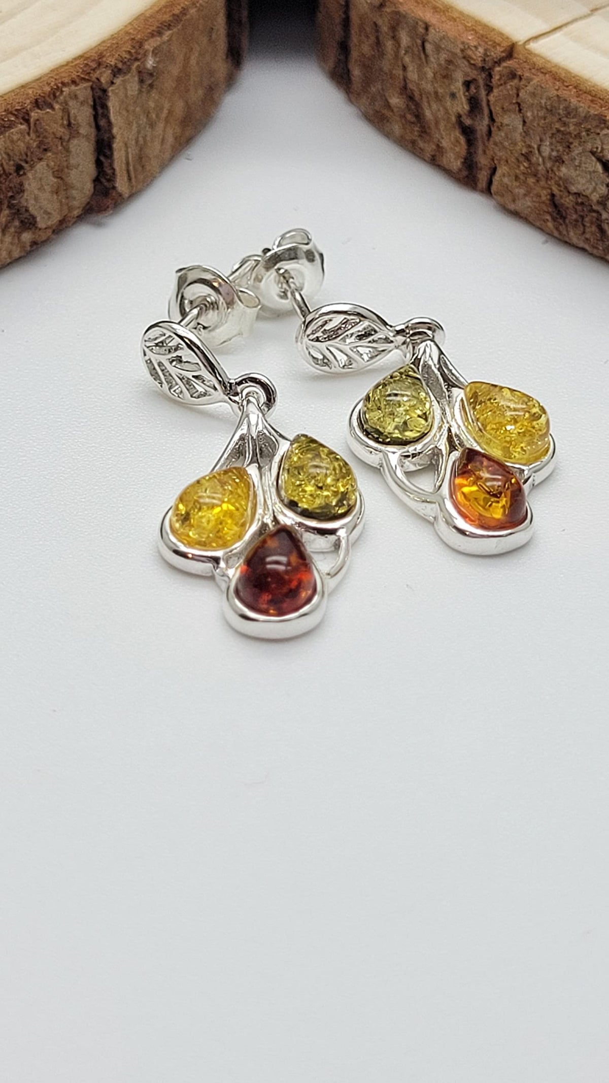 Mixed Amber Leaf Design Fancy Dangly/Dangle Drop Silver Earrings for Women/Teenage/Girls - 925 Sterling Silver - Mixed Orange Yellow & Green Amber - 11mm W X 29mm H. 070386