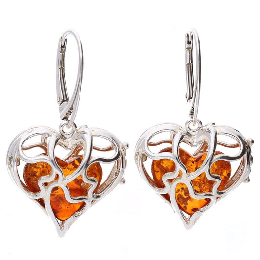Amber Sterling Silver Earrings - Lever Back Art Deco Heart Amber Fancy Dangly Drop - Amber Jewellery 070010c