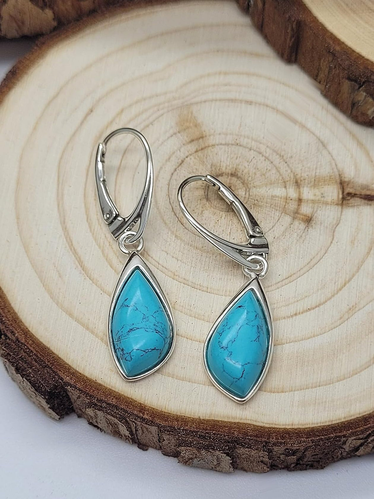BLUE Turquoise Teardrop Sterling Silver Dangly/Dangle Drop Lever Back Earrings for Women Ladies Girls. 170130