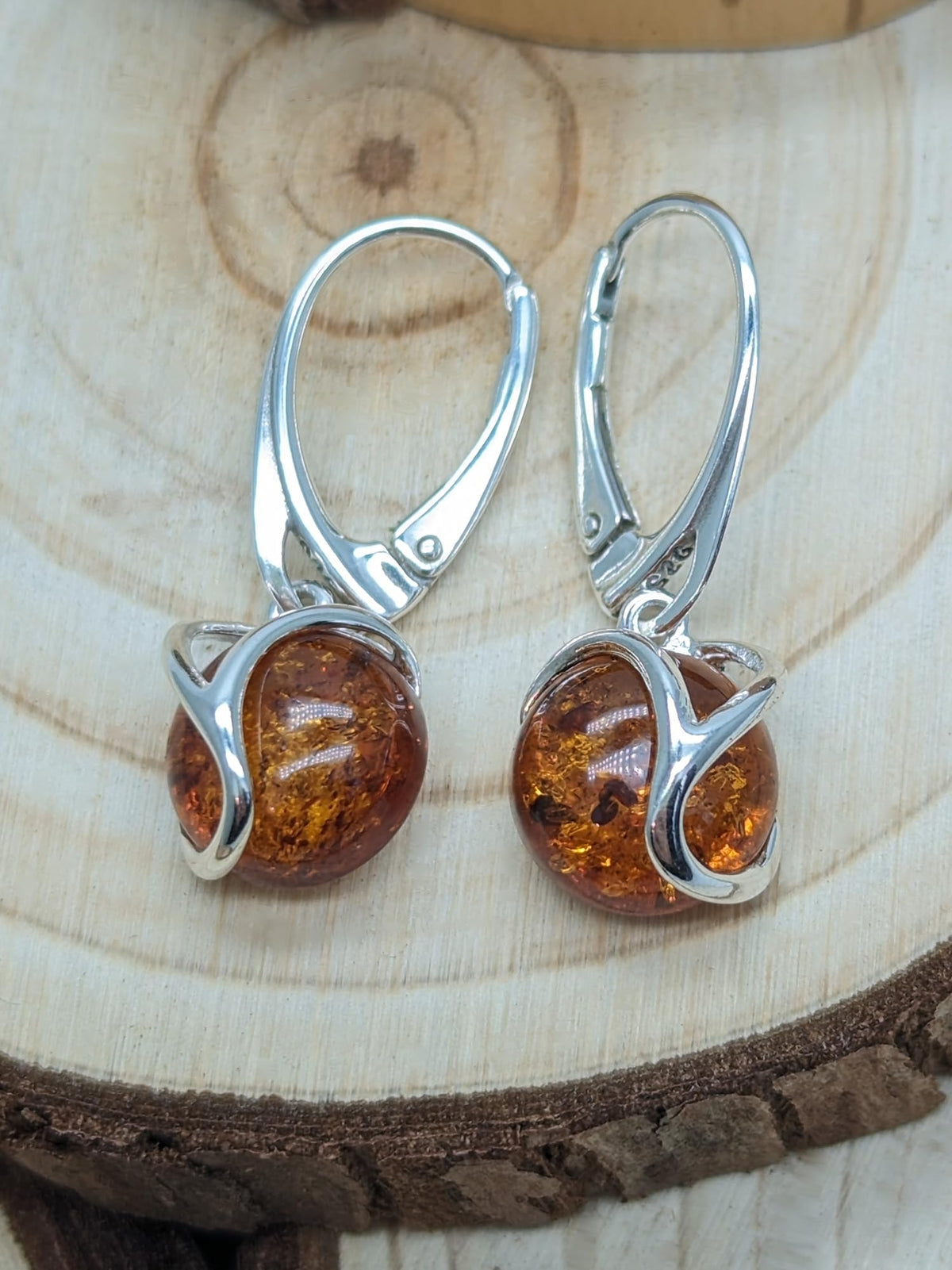 Swirl Overlay Circle Baltic Honey Amber Lever Back 925 Sterling Silver Earrings for Women/Ladies - Fancy Art Deco Cognac Amber Dangly/Dangle Drop Earrings. 070444