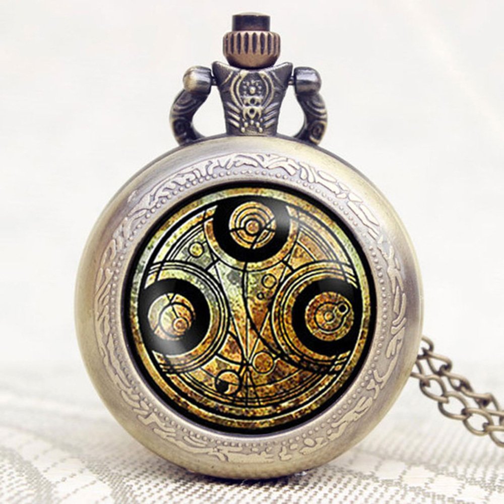 DR WHO Brown Gallifrey Timelord Seal Bronze Effect Retro/Vintage Case Full Hunter Mens/Boys Quartz Pocket Watch Necklace - On 32" Inch / 80cm Chain