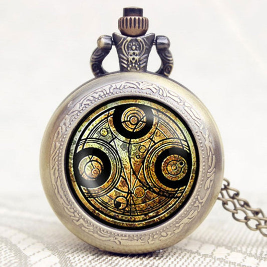 DR WHO Brown Gallifrey Timelord Seal Bronze Effect Retro/Vintage Case Full Hunter Mens/Boys Quartz Pocket Watch Necklace - On 32" Inch / 80cm Chain