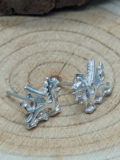 Wales/Welsh Dragon Stud Earrings/Ear Studs - 10mm W X 8mm H - 925 Sterling Silver - Welsh Jewellery