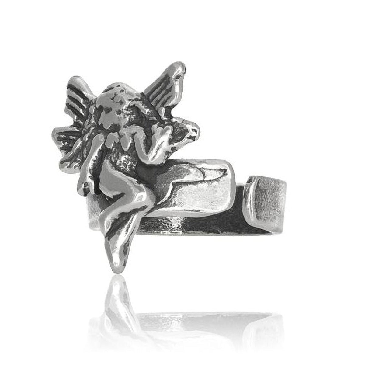 Small Winged Fairy/Angel On Band Middle Inner Ear Cuff Clip-On Earring - 925 Sterling Silver