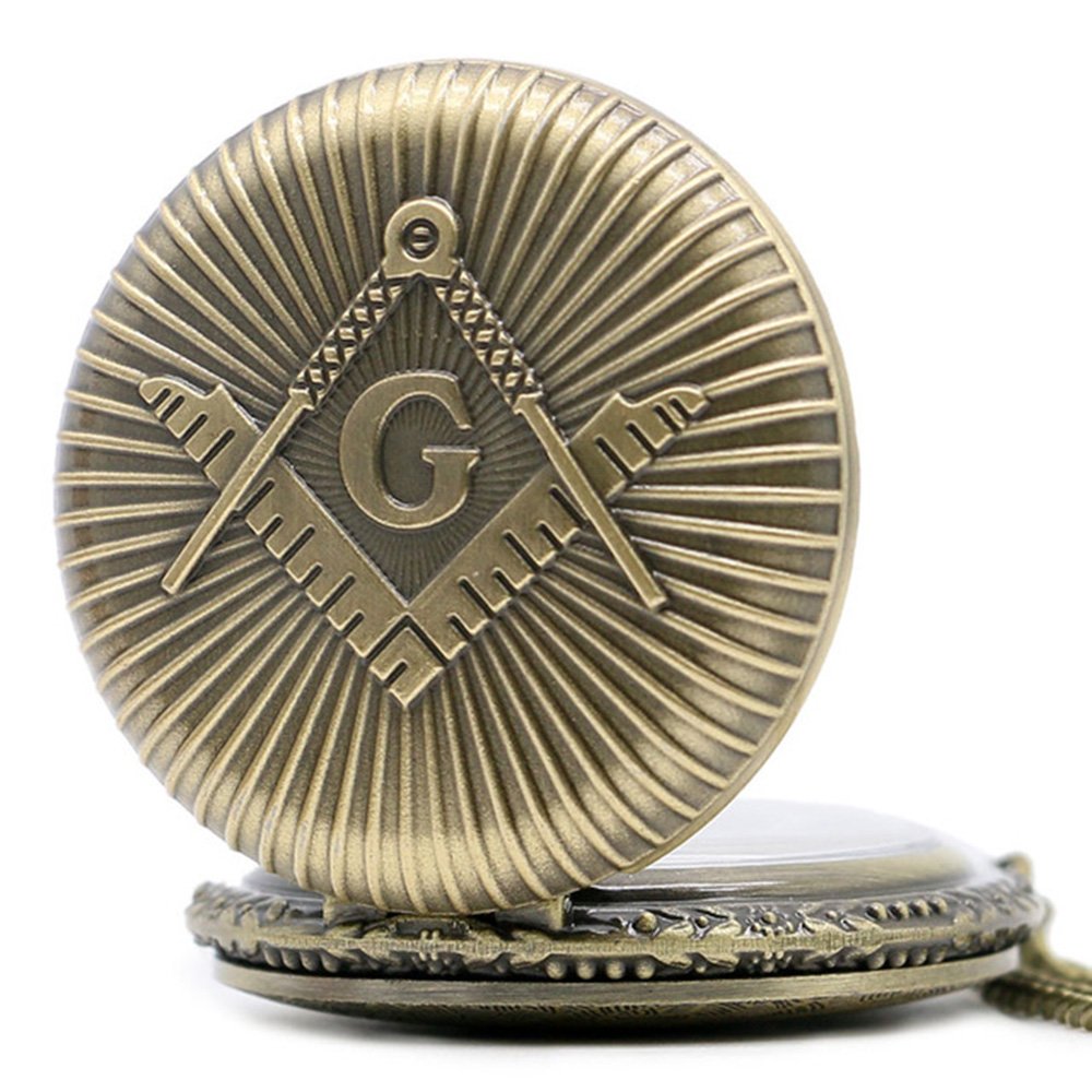 Freemasons Masonic Bronze Effect Retro/Vintage Case Men's Quartz Pocket Watch Necklace - On 32" Inch / 80cm Chain