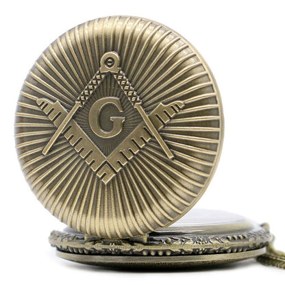Freemasons Masonic Bronze Effect Retro/Vintage Case Men's Quartz Pocket Watch Necklace - On 32" Inch / 80cm Chain
