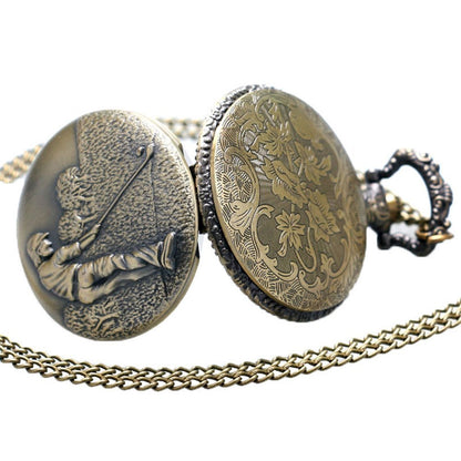 Golf/Golfing/Golfer Theme 3D Bronze Effect Quartz Pocket Watch Necklace - On 32" Inch / 80 