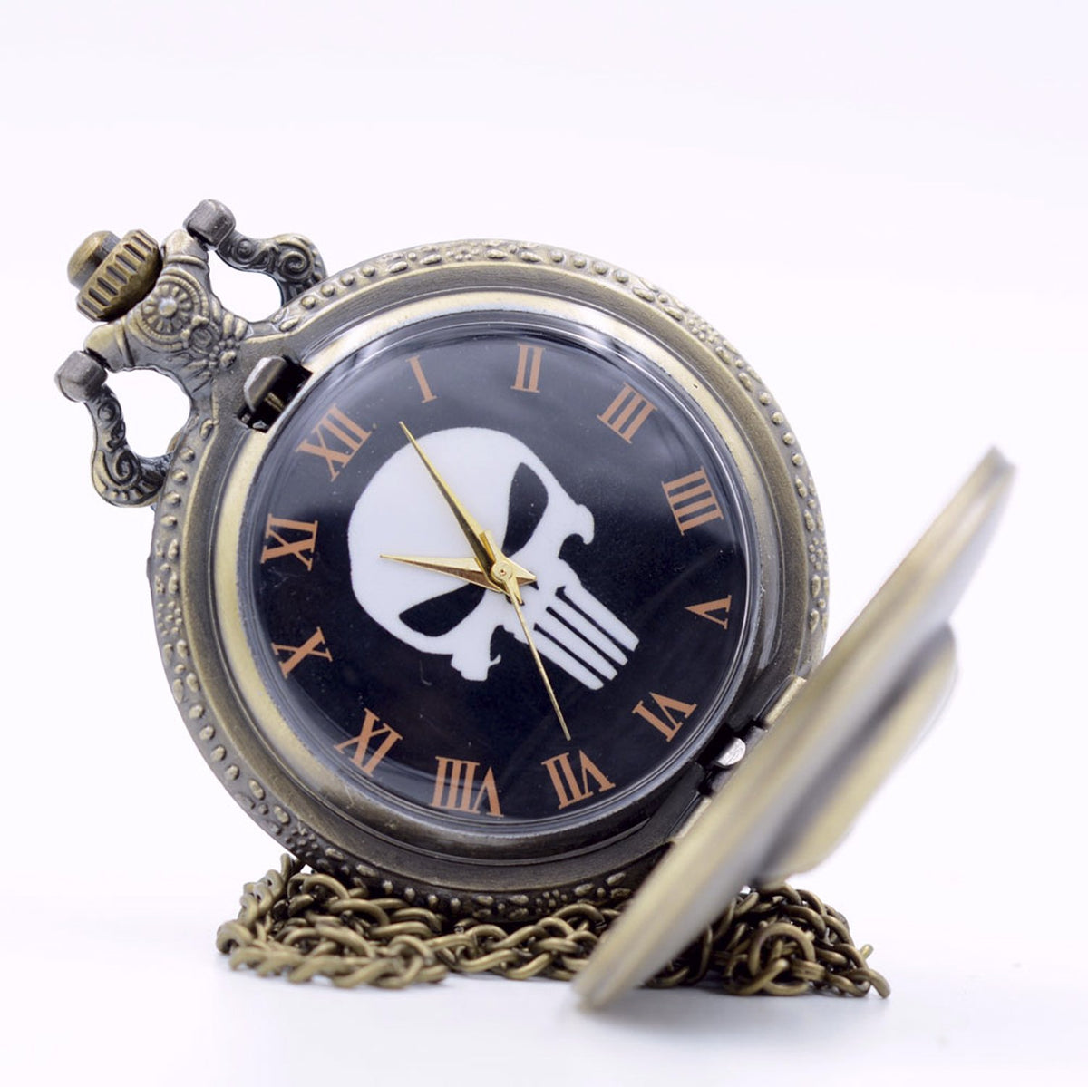 Skull Themed 3D Brushed Bronze Effect Quartz Pocket Watch Necklace - On 32" Inch / 80cm Chain