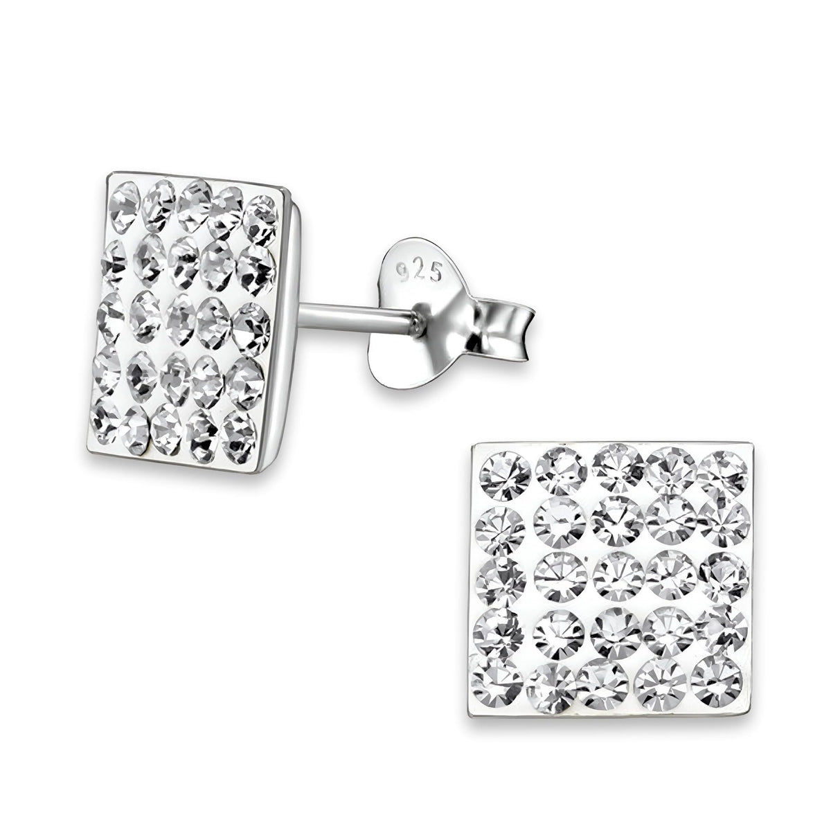 8MM MENS Square Micro Pave Austrian Crystal Sterling Silver Stud Earrings