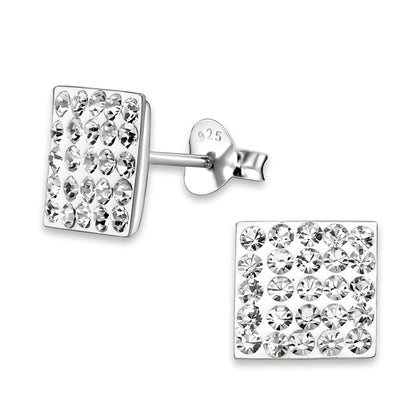 8MM MENS Square Micro Pave Austrian Crystal Sterling Silver Stud Earrings