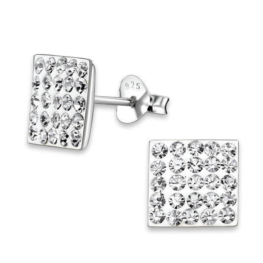 8MM MENS Square Micro Pave Austrian Crystal Sterling Silver Stud Earrings