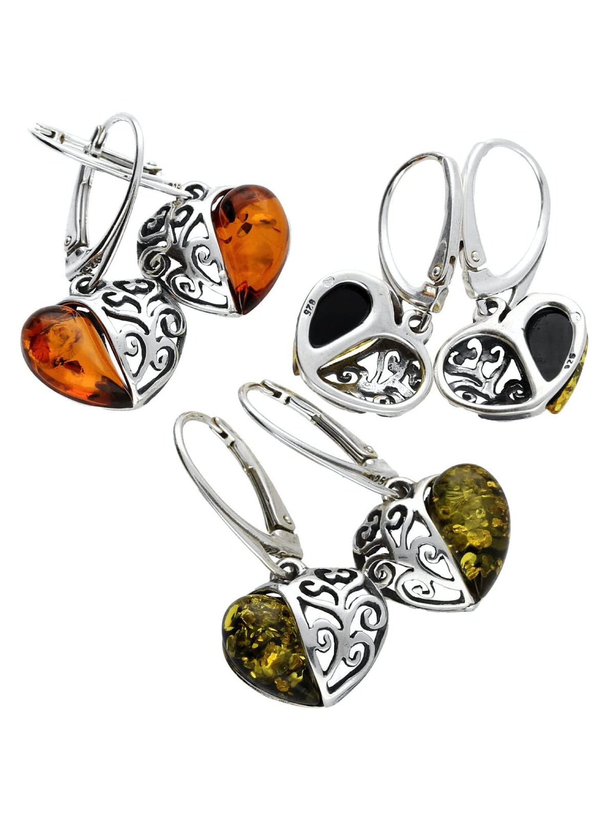 Filigree Heart Baltic Amber Lever Back 925 Sterling Silver Earrings for Women/Ladies/Girls 