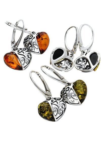 Filigree Heart Baltic Amber Lever Back 925 Sterling Silver Earrings for Women/Ladies/Girls 