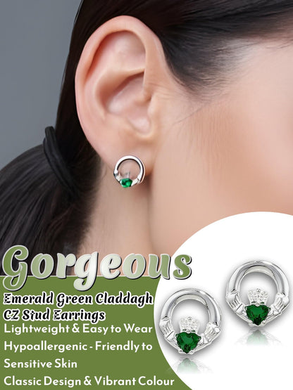 Elegant Claddagh Earrings for Women & Girls, Irish Celtic 925 Sterling Silver Studs with Stunning Emerald Green Cubic Zirconia Stones, Classic Creole Earrings - Symbolic Irish Jewellery