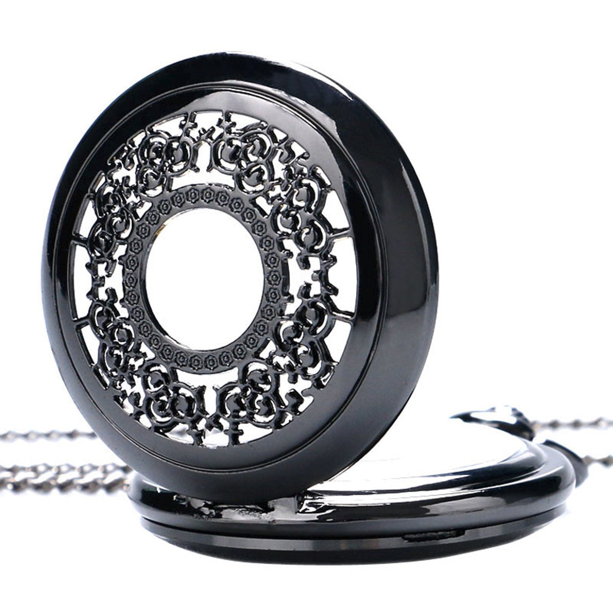 Filigree Pattern Half Hunter Women's Quartz Pocket Watch Necklace - On 32" Inch / 80cm 