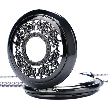 Filigree Pattern Half Hunter Women's Quartz Pocket Watch Necklace - On 32" Inch / 80cm 