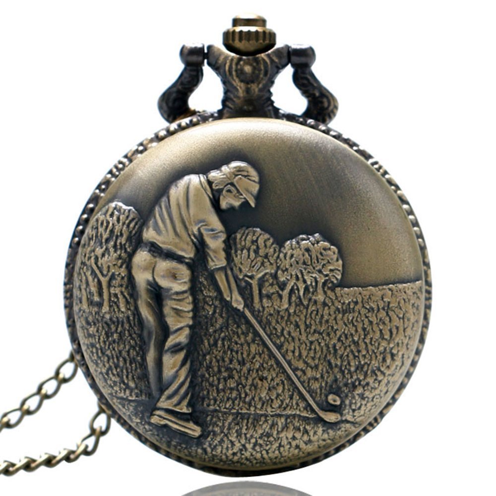Golf/Golfing/Golfer Theme 3D Bronze Effect Quartz Pocket Watch Necklace - On 32" Inch / 80 