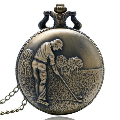 Golf/Golfing/Golfer Theme 3D Bronze Effect Quartz Pocket Watch Necklace - On 32" Inch / 80 