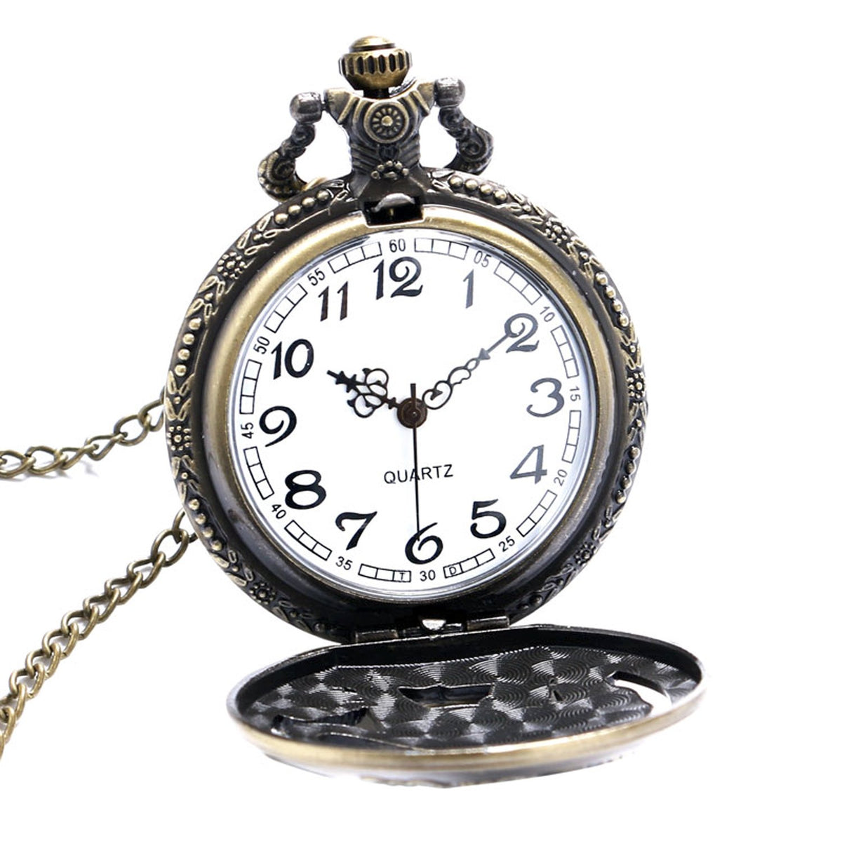 Tiger CAT 3D Half Hunter Brushed Bronze Effect Antiqued/Vintage Case Men's Quartz Pocket Watch Necklace - On 32" Inch / 80cm Chain