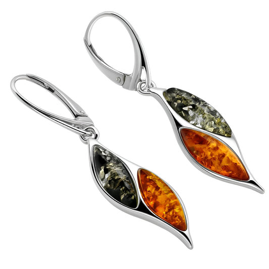 Amber Sterling Silver Earrings - Unusual Mixed Orange Yellow & Green Amber Fancy Dangly Drop. 070029