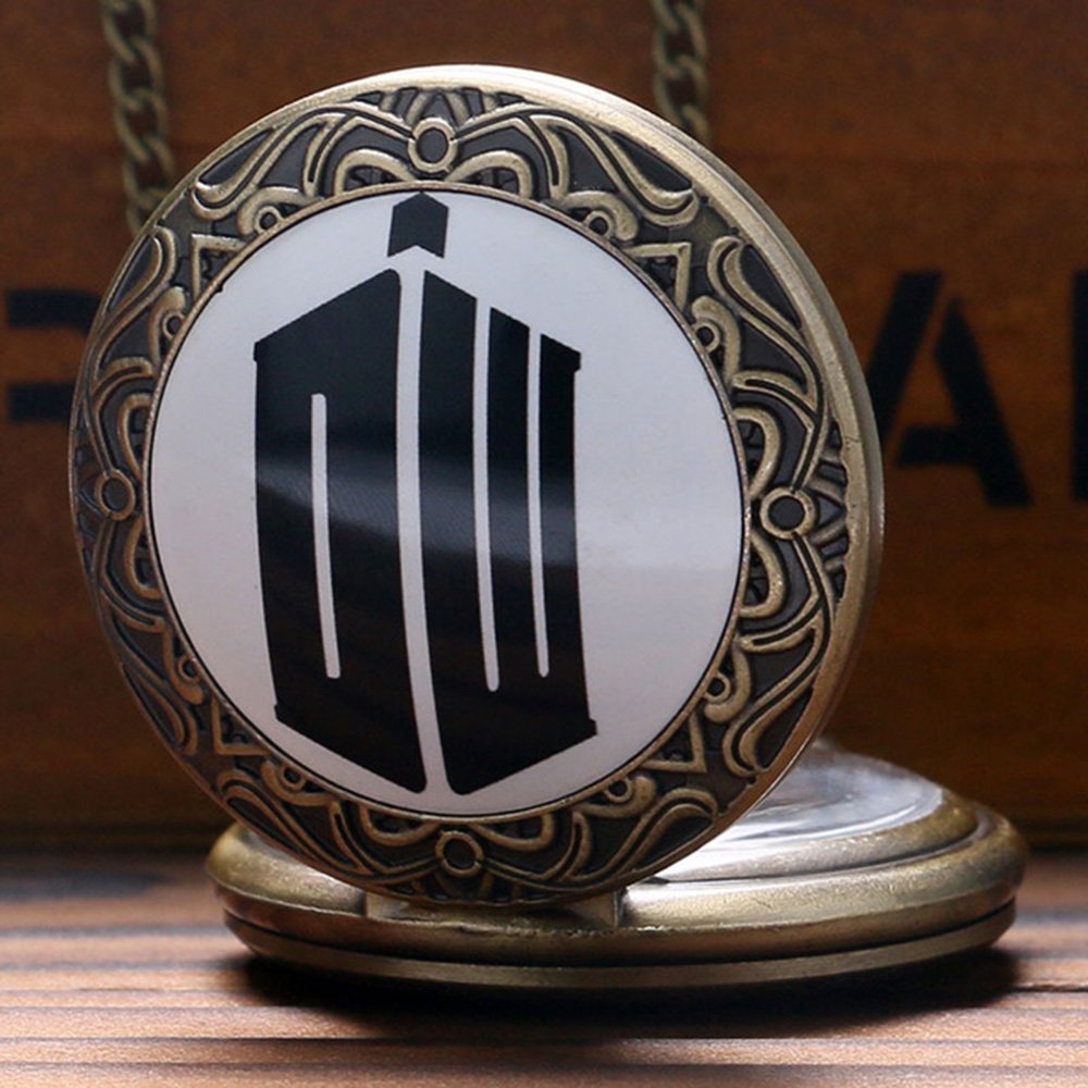 DR WHO Logo & Decorative Gallifrey Timelord Seal Bronze Effect Retro Case Full Hunter Mens/Boys Quartz Pocket Watch Necklace - On 32" Inch/ 80cm Chain