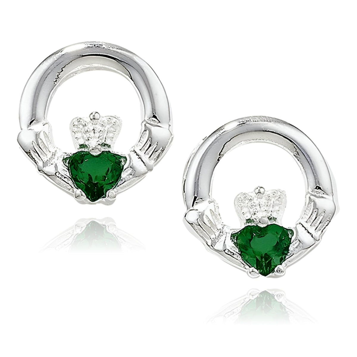Elegant Claddagh Earrings for Women & Girls, Irish Celtic 925 Sterling Silver Studs with Stunning Emerald Green Cubic Zirconia Stones, Classic Creole Earrings - Symbolic Irish Jewellery