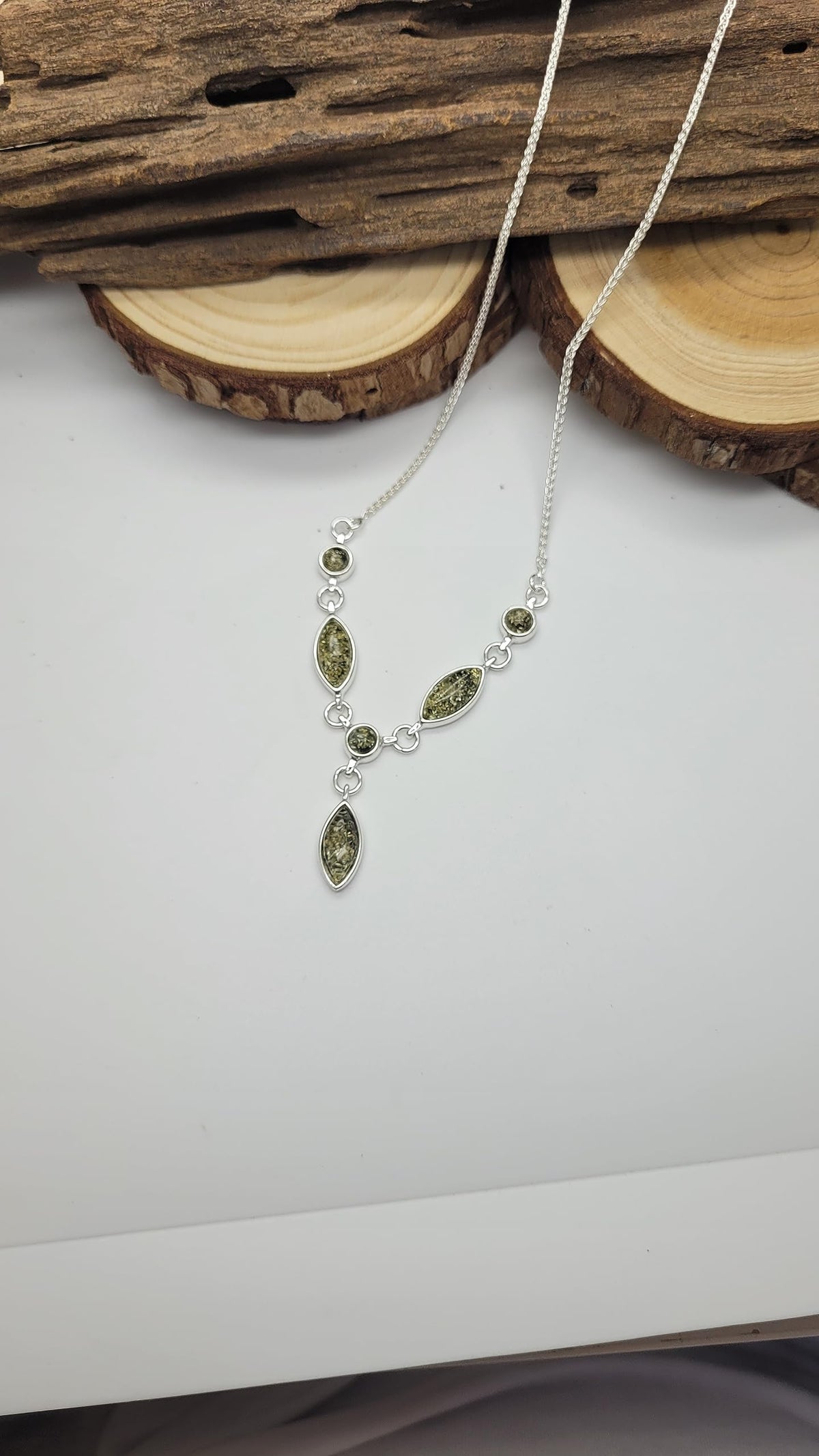 Amber Sterling Silver Necklace - Unusual Chain & Beads Amber Necklace - Amber Jewellery 030196