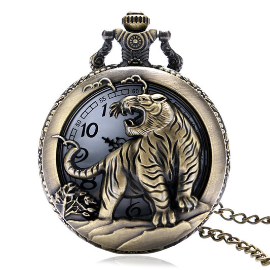 Tiger CAT 3D Half Hunter Brushed Bronze Effect Antiqued/Vintage Case Men's Quartz Pocket Watch Necklace - On 32" Inch / 80cm Chain