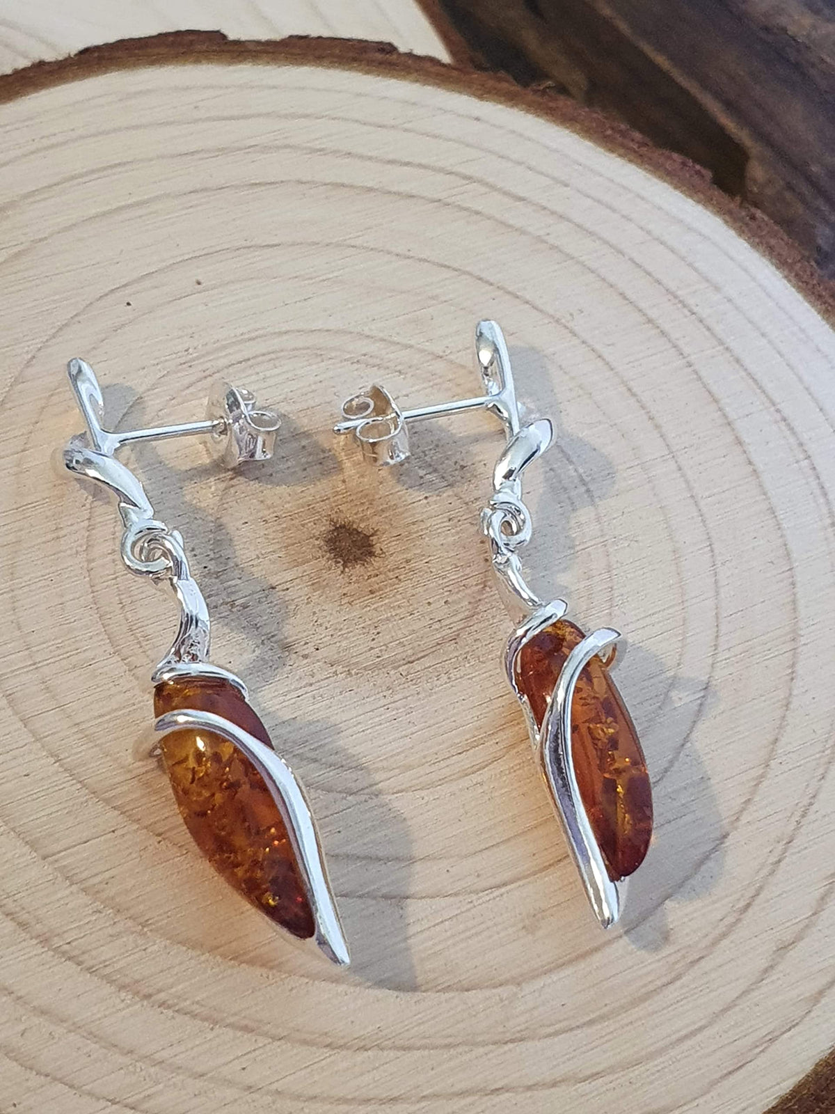Sterling Silver Fancy Baltic Honey Dangly/Dangle Drop Amber Earrings for Women/Ladies/Girls - 925 Sterling Silver - Unusual Marquise-Shaped Cognac Amber Jewellery 070435