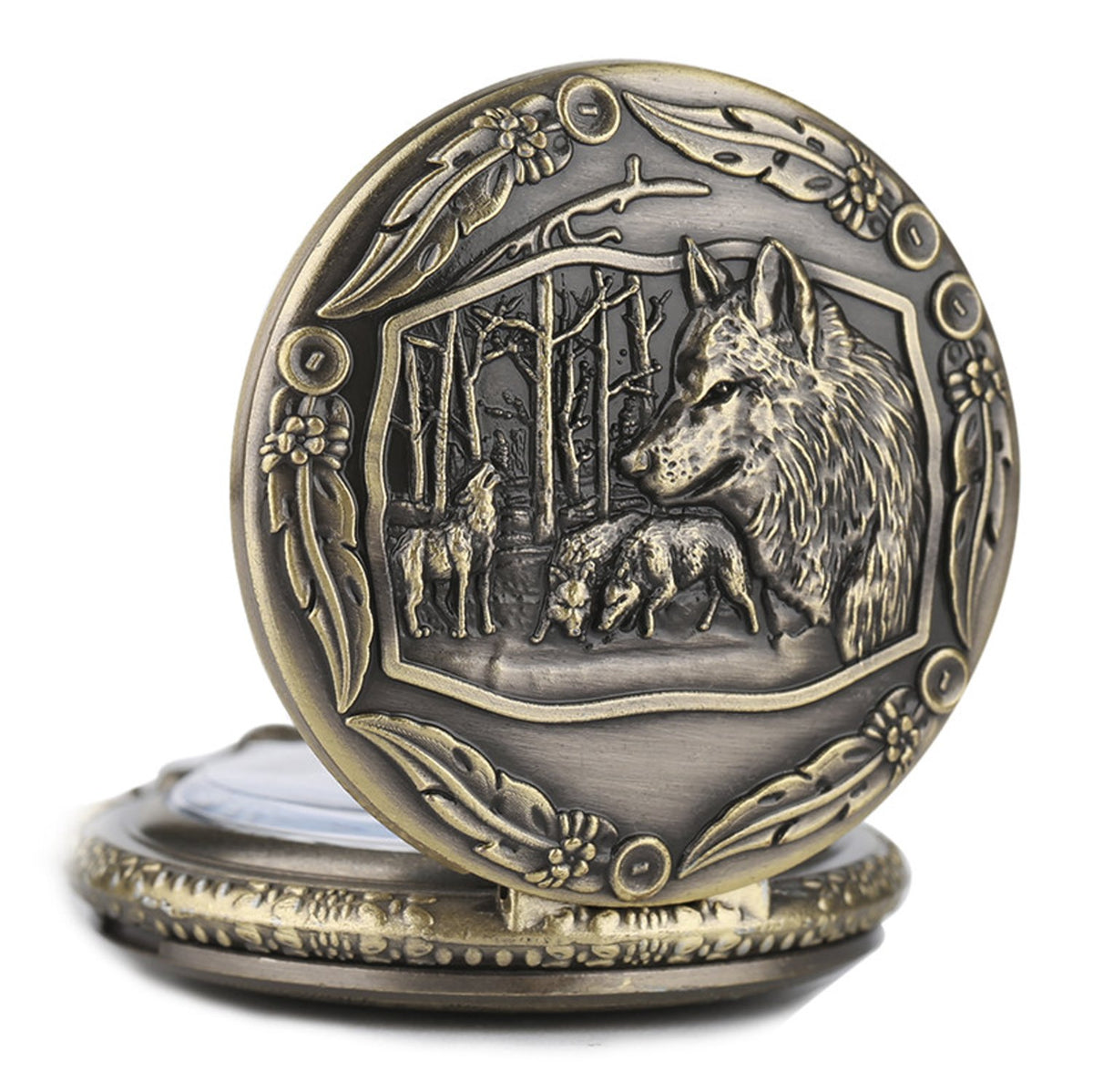Dogs/Wolf/Wolves with Ornate Border 3D Bronze Effect Antiqued/Vintage Case Men's Quartz Pocket Watch Necklace - On 32" Inch / 80cm Chain