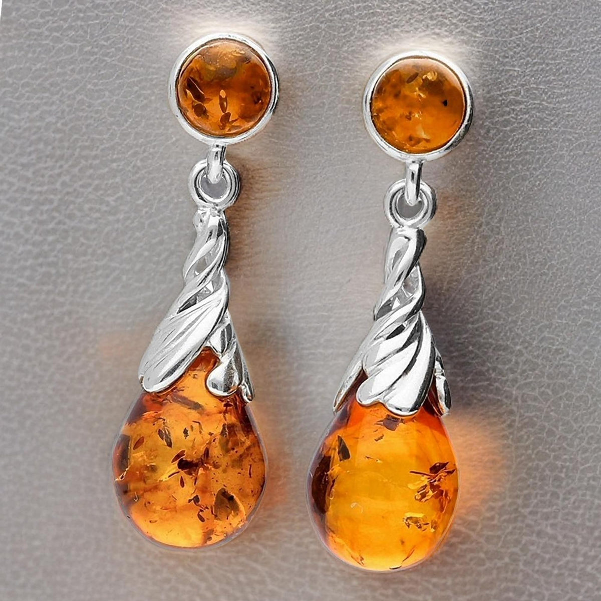 Fancy Twisted Swirl Baltic Honey Cognac Orange Amber Sterling Silver Dangly/Dangle Drop Earrings for Women Ladies Girls - Classic Amber Jewellery. 090015Cc
