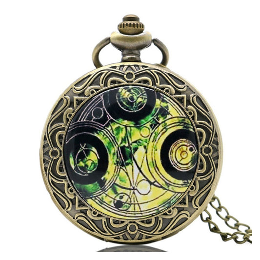 DR WHO Green Gallifrey Timelord Seal Bronze Effect Retro/Vintage Case Full Hunter Mens/Boys Quartz Pocket Watch Necklace - On 32" Inch / 80cm Chain