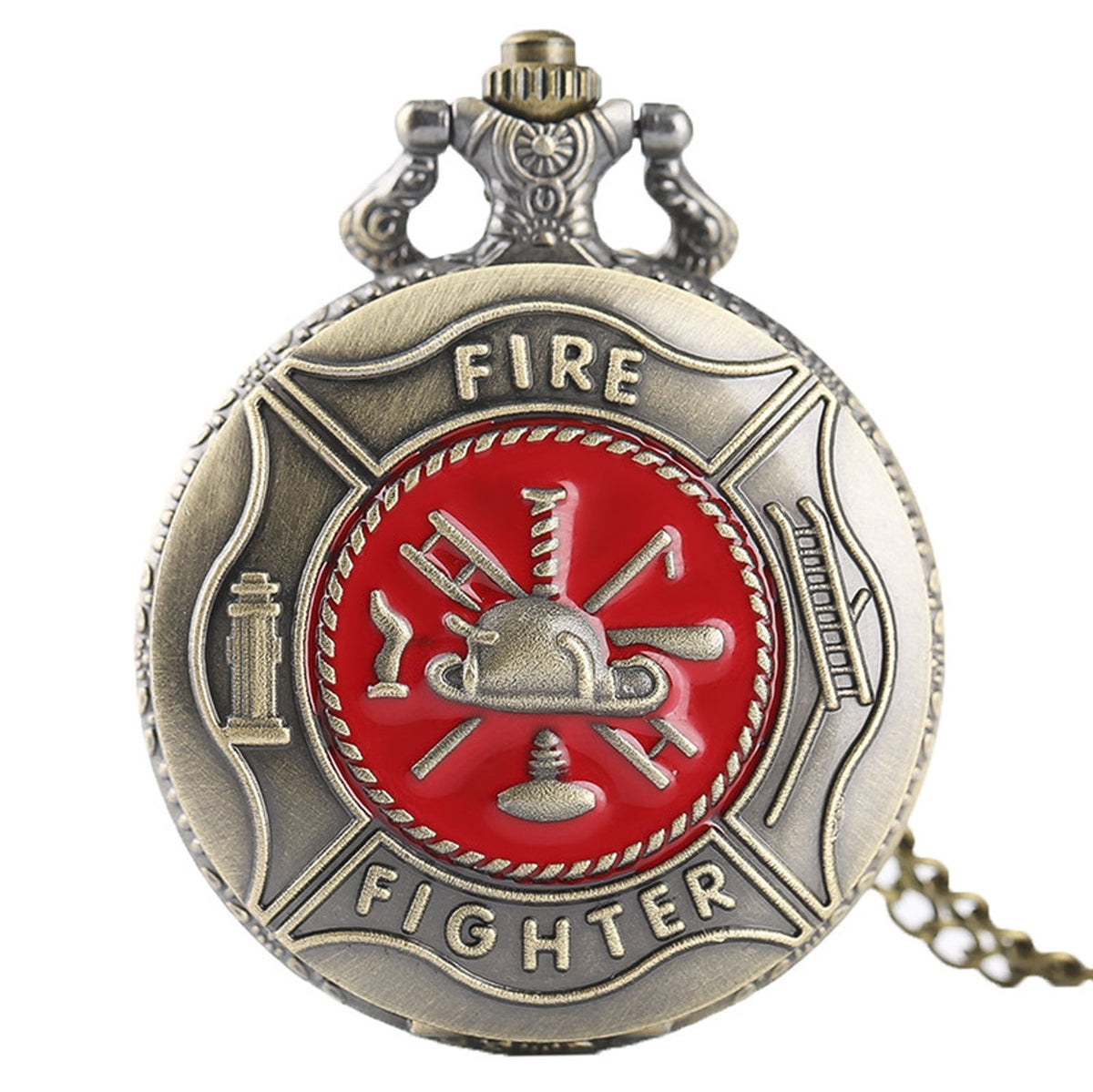 RED Fireman/Firefighter 3D Brushed Bronze Effect Antiqued/Vintage Case Men's Quartz Pocket Watch Necklace - On 32" Inch / 80cm Chain