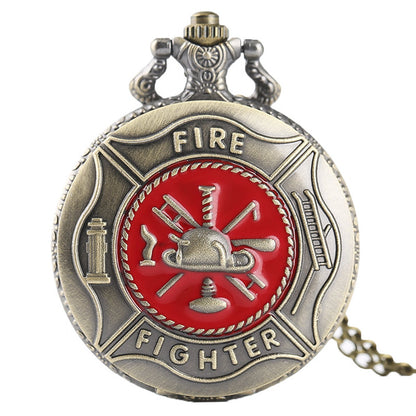 RED Fireman/Firefighter 3D Brushed Bronze Effect Antiqued/Vintage Case Men's Quartz Pocket Watch Necklace - On 32" Inch / 80cm Chain