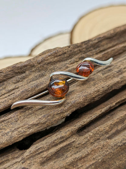 Contemporary/Victorian Ornate Style Amber Brooch Pin/Clip for Women Ladies - 925 Sterling 