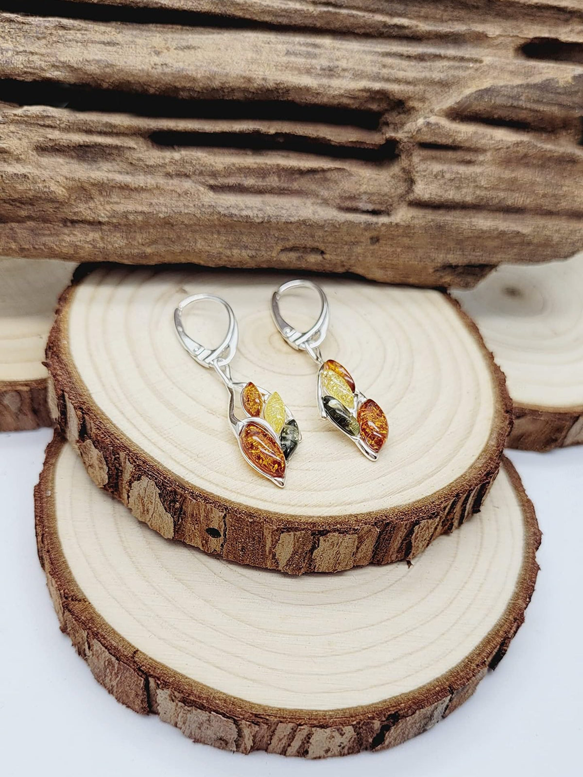 Warped Teardrop Mixed Baltic Amber Lever Back Fancy Dangly/Dangle Drop Silver Earrings for Women/Ladies/Girls - 925 Sterling Silver - Amber Jewellery for Women. 070238