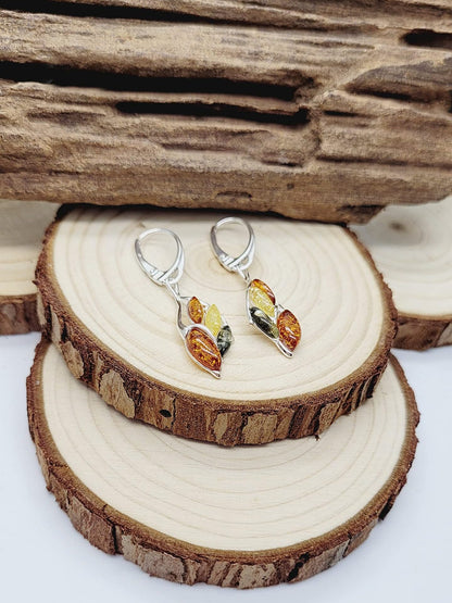 Warped Teardrop Mixed Baltic Amber Lever Back Fancy Dangly/Dangle Drop Silver Earrings for Women/Ladies/Girls - 925 Sterling Silver - Amber Jewellery for Women. 070238
