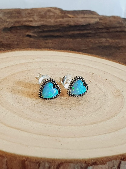BLUE OPAL Heart Sterling Silver Stud Earrings/Ear Studs for Women/Ladies/Girls - 925 Sterling Silver